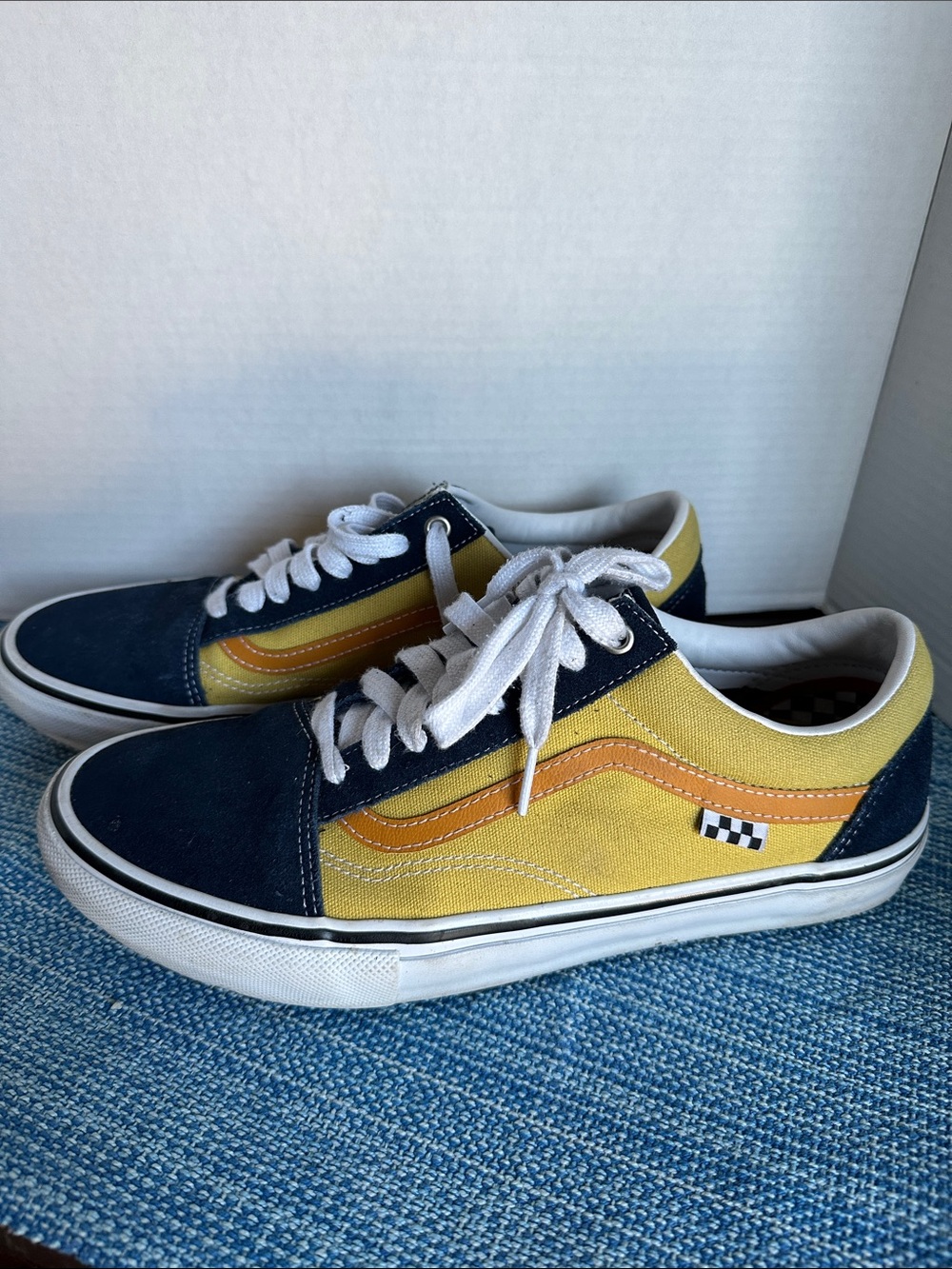 Vans Yellow and Navy Canvas Low-Top Sneakers with Orange Stripe